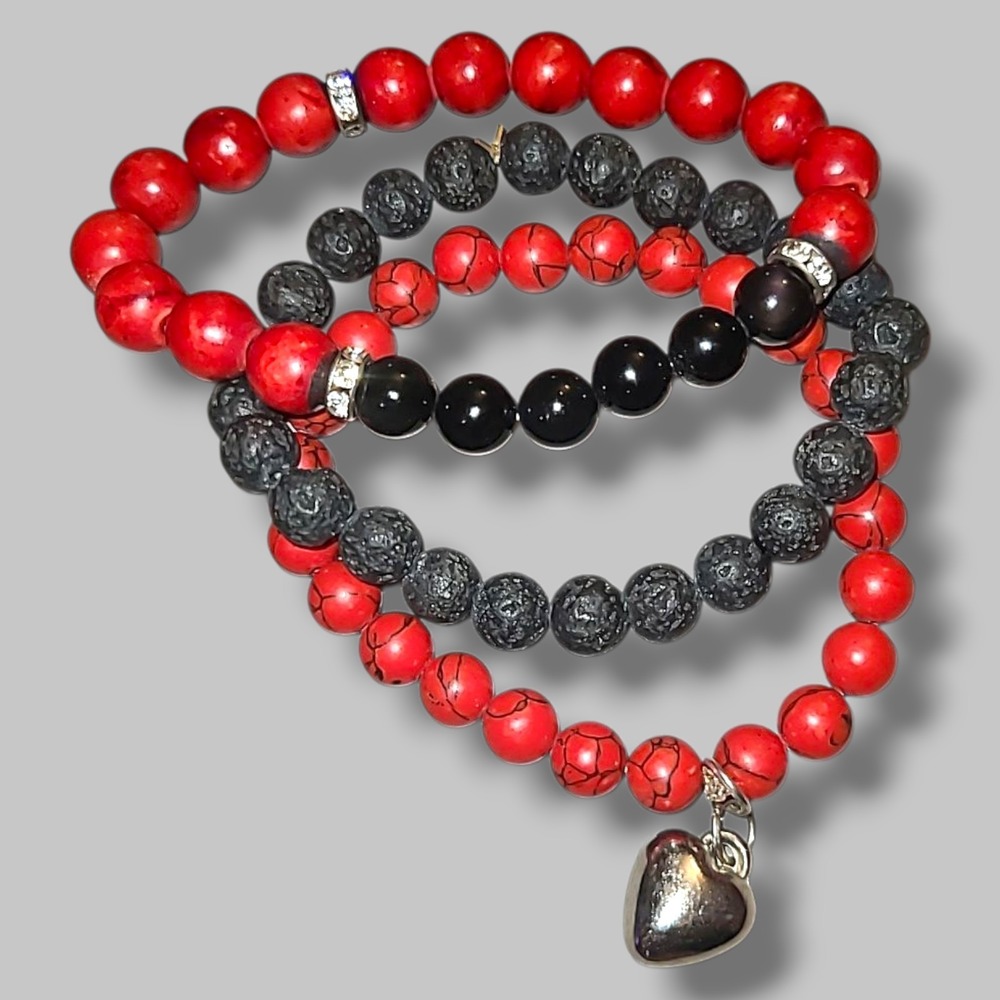 3 Red & Black Stone‎ Bead Stretch Bracelets Stack Silver Puffy Heart Charm